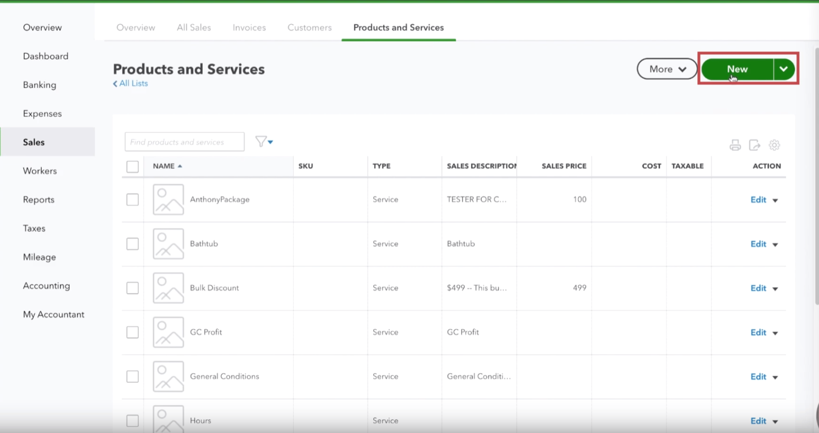 Rehab phases set up as products and services in QuickBooks Online.