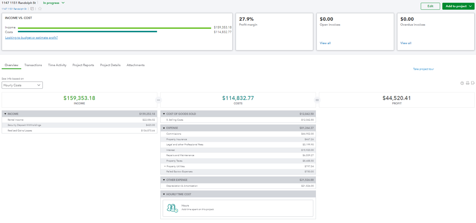 A project profitability report in QuickBooks Online.