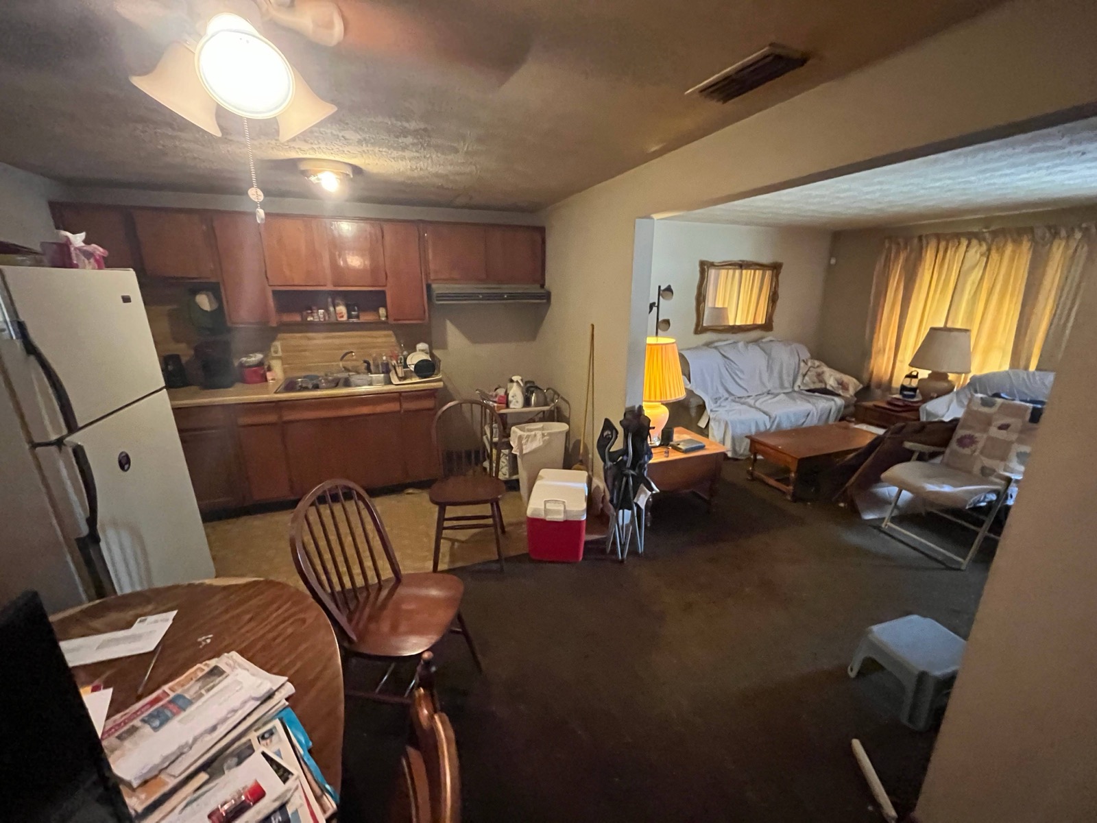 The kitchen and living room of the house at purchase, before the rehab.